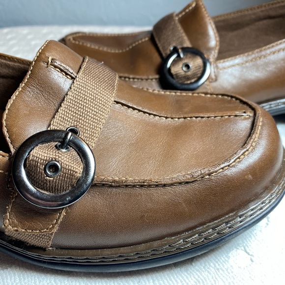 Clarks Womens Brown Leather Slip On Loafers With nylon Buckle Strap Shoes - Picture 7 of 16